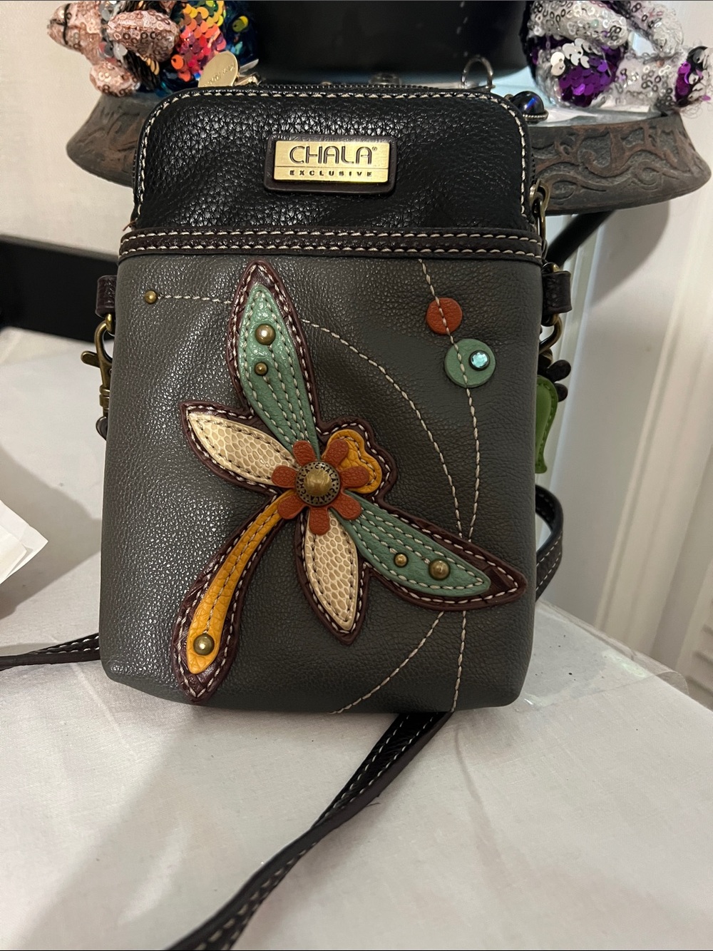 Chala Gray Crossbody Bag with Multicolor Floral Applique